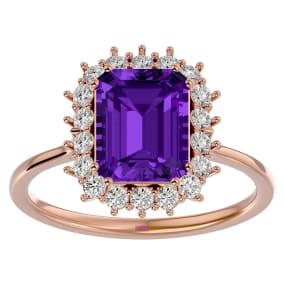 2 1/2 Carat Amethyst and Halo Diamond Ring In 14K Rose Gold