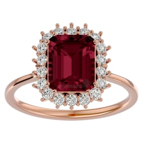 Garnet Ring: Garnet Jewelry: 3 Carat Garnet and Halo Diamond Ring In 14K Rose Gold