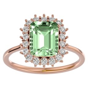 2 1/3 Carat Green Amethyst and Halo Diamond Ring In 14K Rose Gold