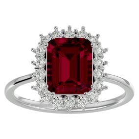 3 1/5 Carat Ruby and Halo Diamond Ring In 14K White Gold