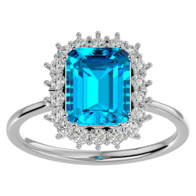3 Carat Blue Topaz and Halo Diamond Ring In 14K White Gold