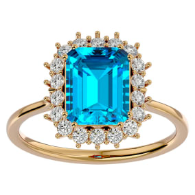 3 Carat Blue Topaz and Halo Diamond Ring In 14K Yellow Gold