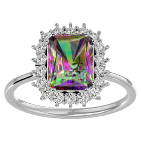 2-1/3 Carat Octagon Shape Mystic Topaz Ring With Diamond Halo In 14 Karat White Gold