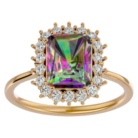 2 1/3 Carat Mystic Topaz and Halo Diamond Ring In 14K Yellow Gold