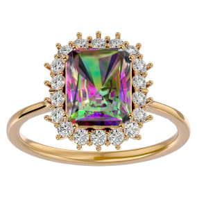 2-1/3 Carat Octagon Shape Mystic Topaz Ring With Diamond Halo In 14 Karat Yellow Gold