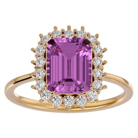 3 Carat Pink Topaz and Halo Diamond Ring In 14K Yellow Gold