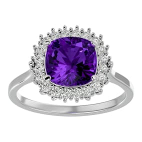 2 1/2 Carat Cushion Cut Amethyst and Halo Diamond Ring In 14K White Gold