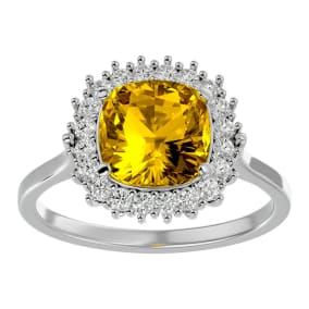 2 1/2 Carat Cushion Cut Citrine and Halo Diamond Ring In 14K White Gold