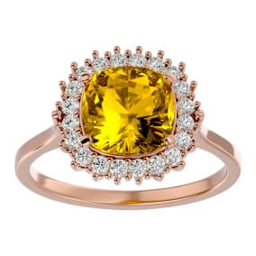2 1/2 Carat Cushion Cut Citrine and Halo Diamond Ring In 14K Rose Gold