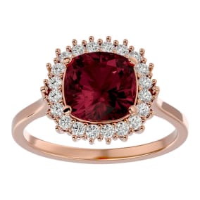 Garnet Ring: Garnet Jewelry: 3 1/2 Carat Cushion Cut Garnet and Halo Diamond Ring In 14K Rose Gold