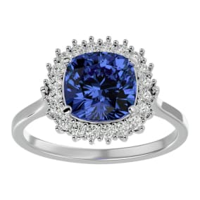3 Carat Cushion Cut Tanzanite and Halo Diamond Ring In 14K White Gold