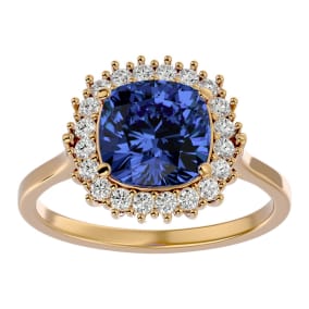 3 Carat Cushion Cut Tanzanite and Halo Diamond Ring In 14K Yellow Gold