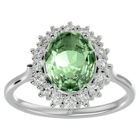 2 3/4 Carat Oval Shape Green Amethyst and Halo Diamond Ring In 14 Karat White Gold