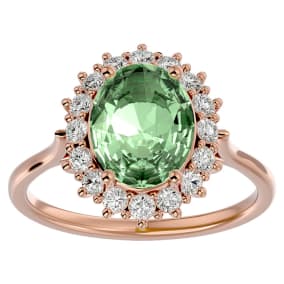 2 3/4 Carat Oval Shape Green Amethyst and Halo Diamond Ring In 14 Karat Rose Gold