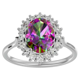 2-3/4 Carat Oval Shape Mystic Topaz Ring With Diamond Halo In 14 Karat White Gold