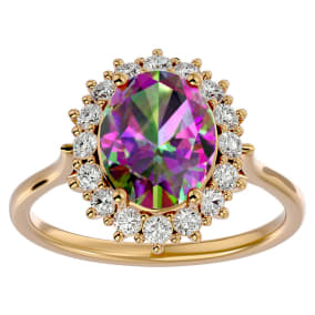 2-3/4 Carat Oval Shape Mystic Topaz Ring With Diamond Halo In 14 Karat Yellow Gold
