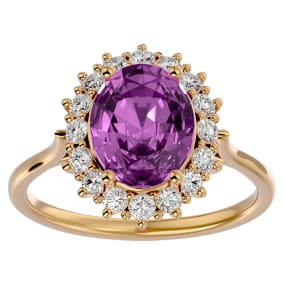 3 3/4 Carat Oval Shape Pink Topaz and Halo Diamond Ring In 14 Karat Yellow Gold