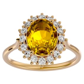 2 3/4 Carat Oval Shape Citrine and Halo Diamond Ring In 14 Karat Yellow Gold