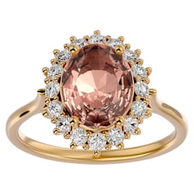2-3/4 Carat Oval Shape Morganite and Halo Diamond Ring In 14 Karat Yellow Gold