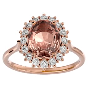 2 3/4 Carat Oval Shape Morganite and Halo Diamond Ring In 14 Karat Rose Gold