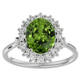 3 Carat Oval Shape Peridot and Halo Diamond Ring In 14 Karat White Gold