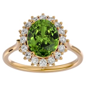 3 Carat Oval Shape Peridot and Halo Diamond Ring In 14 Karat Yellow Gold