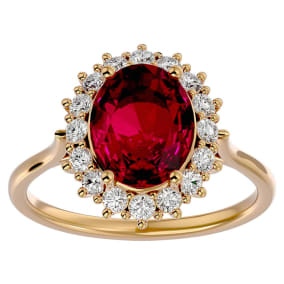 3.60 Carat Oval Shape Ruby and Halo Diamond Ring In 14 Karat Yellow Gold