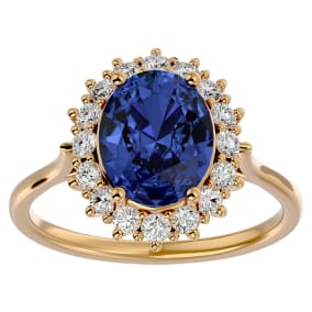 3 Carat Oval Shape Tanzanite and Halo Diamond Ring In 14 Karat Yellow Gold