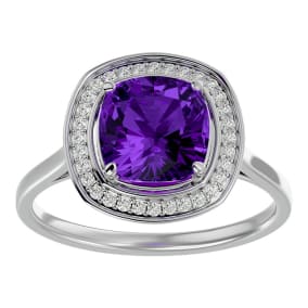 2 1/4 Carat Cushion Cut Amethyst and Halo Diamond Ring In 14K White Gold