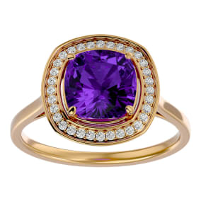 2 1/4 Carat Cushion Cut Amethyst and Halo Diamond Ring In 14K Yellow Gold