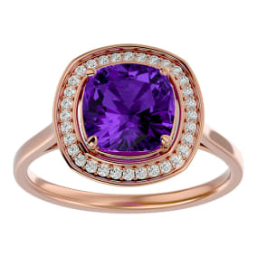 2 1/4 Carat Cushion Cut Amethyst and Halo Diamond Ring In 14K Rose Gold
