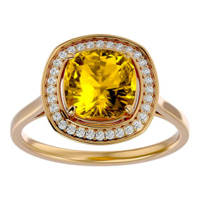 2 1/4 Carat Cushion Cut Citrine and Halo Diamond Ring In 14K Yellow Gold