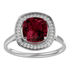 Garnet Ring: Garnet Jewelry: 3 1/4 Carat Cushion Cut Garnet and Halo Diamond Ring In 14K White Gold
