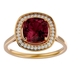 Garnet Ring: Garnet Jewelry: 3 1/4 Carat Cushion Cut Garnet and Halo Diamond Ring In 14K Yellow Gold