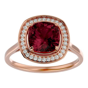 Garnet Ring: Garnet Jewelry: 3 1/4 Carat Cushion Cut Garnet and Halo Diamond Ring In 14K Rose Gold