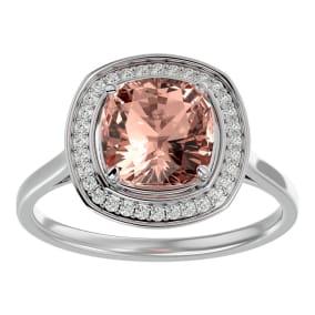 3-1/4 Carat Cushion Cut Morganite and Halo Diamond Ring In 14K White Gold