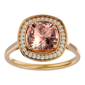 3-1/4 Carat Cushion Cut Morganite and Halo Diamond Ring In 14K Yellow Gold