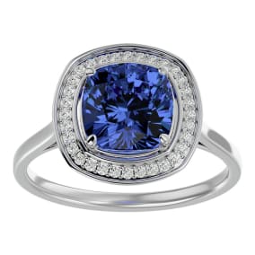 2 3/4 Carat Cushion Cut Tanzanite and Halo Diamond Ring In 14K White Gold
