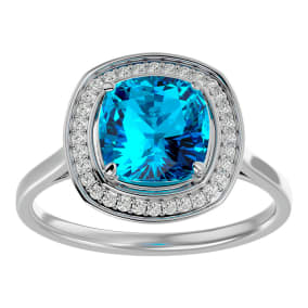2 3/4 Carat Cushion Cut Blue Topaz and Halo Diamond Ring In 14K White Gold