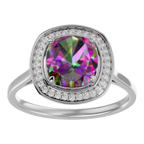 2-1/4 Carat Cushion Shape Mystic Topaz Ring With Diamond Halo In 14 Karat White Gold