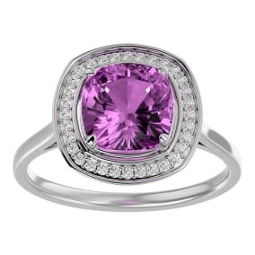 2 3/4 Carat Cushion Cut Pink Topaz and Halo Diamond Ring In 14K White Gold