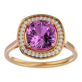 2 3/4 Carat Cushion Cut Pink Topaz and Halo Diamond Ring In 14K Yellow Gold