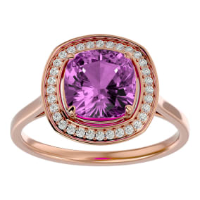 2 3/4 Carat Cushion Cut Pink Topaz and Halo Diamond Ring In 14K Rose Gold