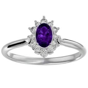 2/3 Carat Oval Shape Amethyst and Halo Diamond Ring In 1.4 Karat White Gold™