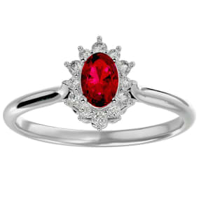 2/3 Carat Oval Shape Ruby and Halo Diamond Ring In 1.4 Karat White Gold™