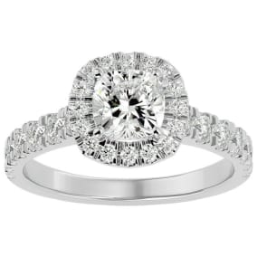 Moissanite Engagement Ring; 2 Carat Cushion Cut Moissanite Halo Engagement Ring In 14 Karat White Gold