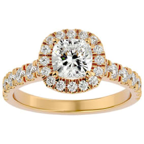 Moissanite Engagement Ring; 2 Carat Cushion Cut Moissanite Halo Engagement Ring In 14 Karat Yellow Gold