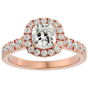 Moissanite Engagement Ring; 2 Carat Cushion Cut Moissanite Halo Engagement Ring In 14 Karat Rose Gold