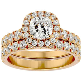 Moissanite Engagement Ring; 2 1/4 Carat Cushion Cut Moissanite Bridal Set In 14 Karat Yellow Gold