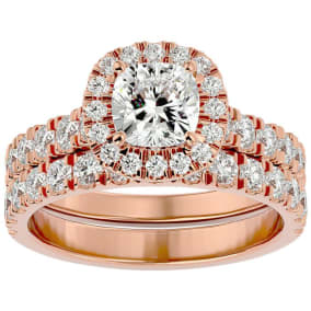 Moissanite Engagement Ring; 2 1/4 Carat Cushion Cut Moissanite Bridal Set In 14 Karat Rose Gold